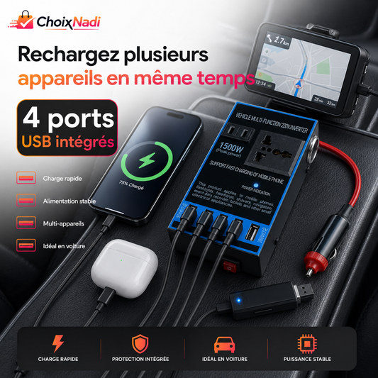 Convertisseur Onduleur Voiture 12V/24V vers 220V – 4 USB