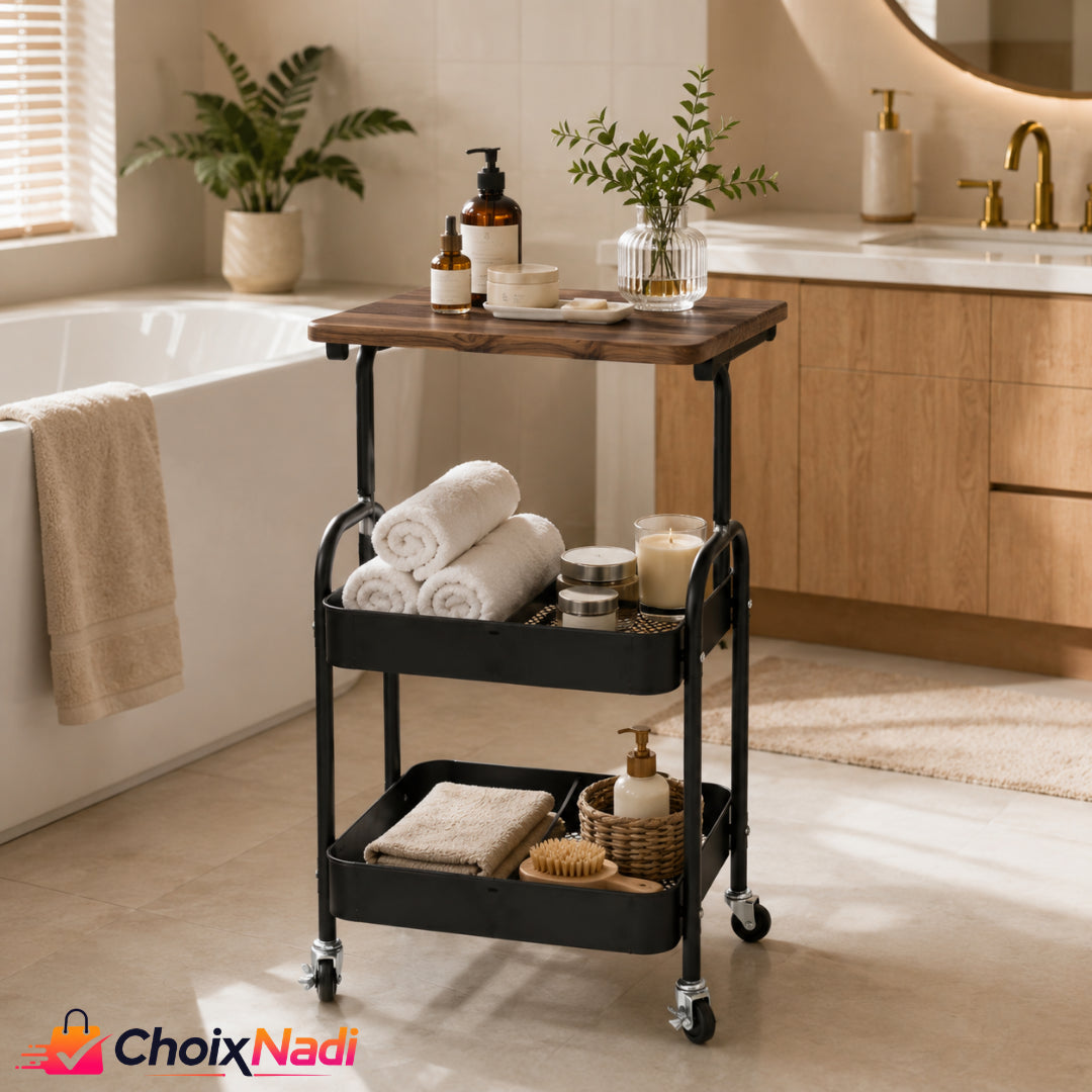 Desserte mobile 3 niveaux avec table d’appoint