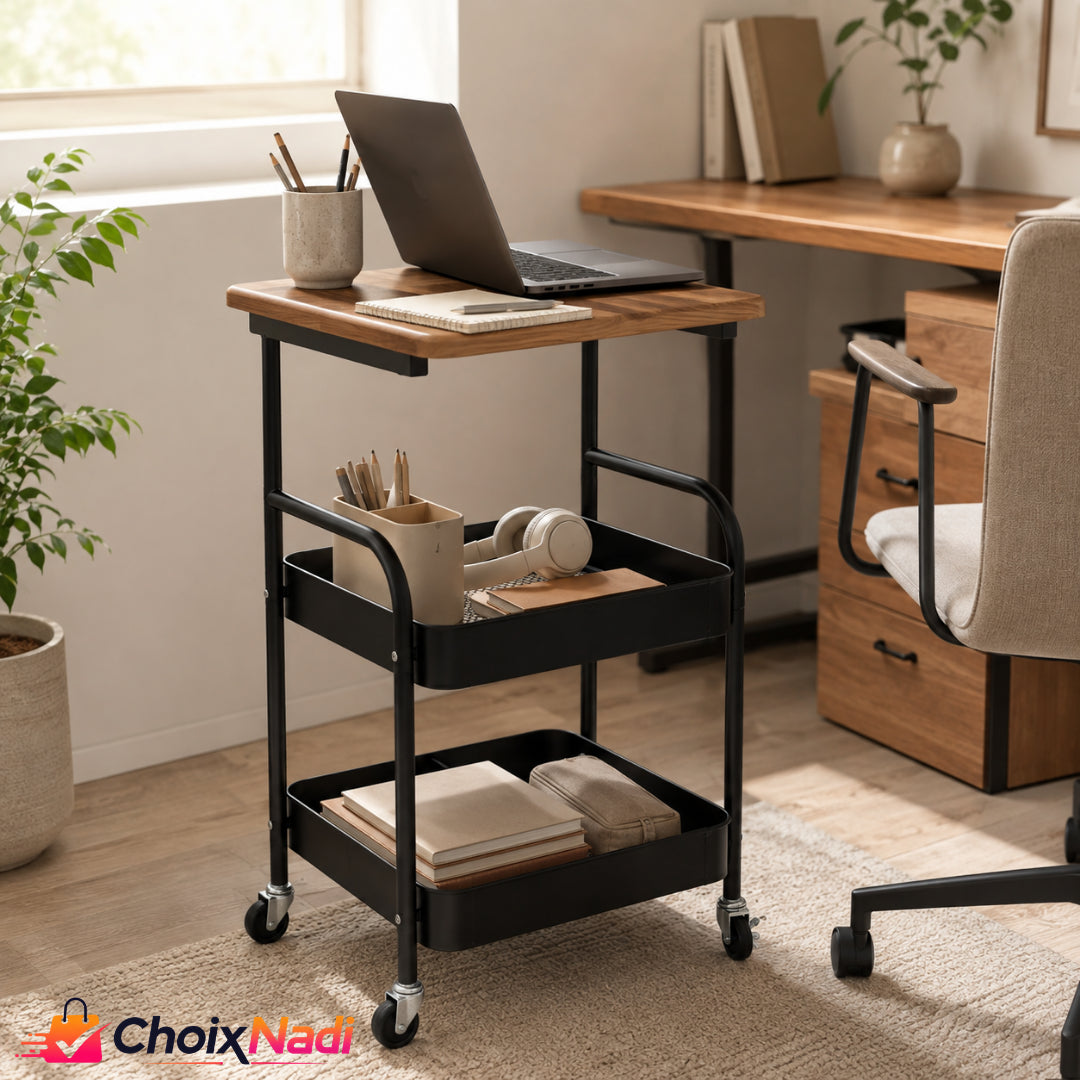 Desserte mobile 3 niveaux avec table d’appoint