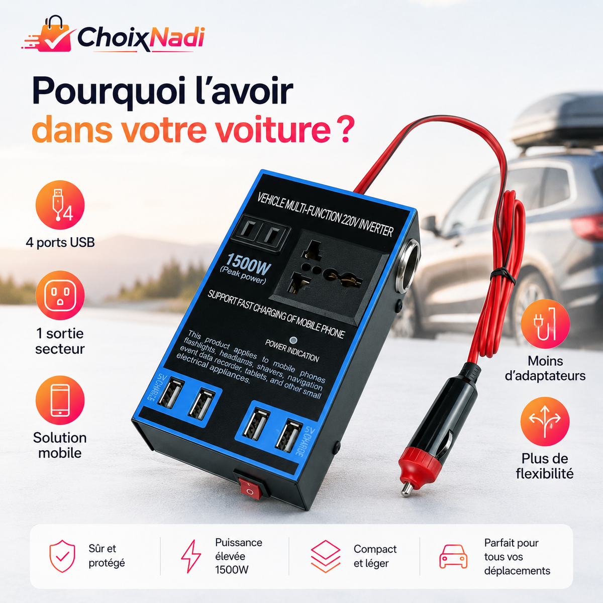 Convertisseur Onduleur Voiture 12V/24V vers 220V – 4 USB