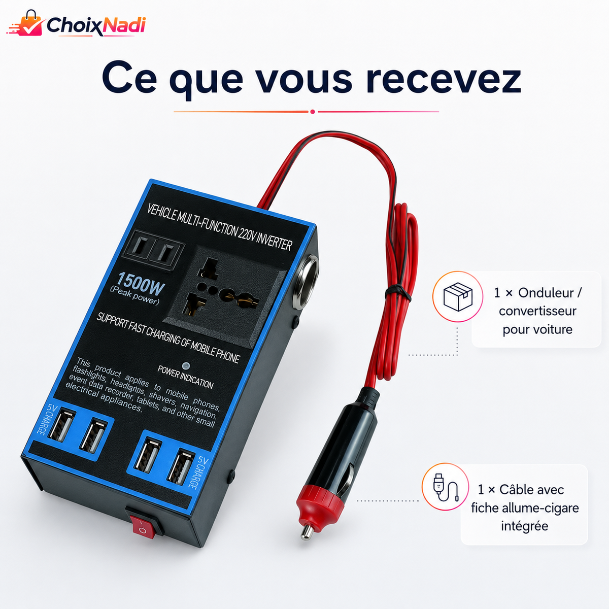 Convertisseur Onduleur Voiture 12V/24V vers 220V – 4 USB